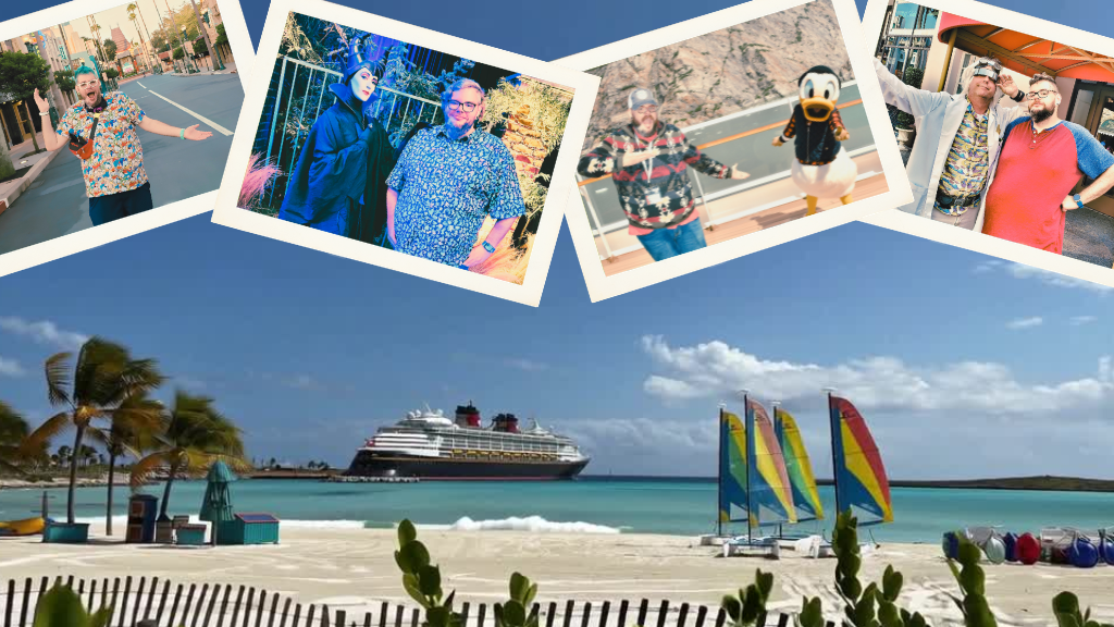 Mike Mal png Dreams Unlimited Travel A photo of the Disney Magic at Castaway Cay from the Beach Above that are four polaroid images of Mike One on an empty street in front of the Chinese Theatre in Hollywood Studios A posed photo of Mike with Maleficent A posted picture of Mike with Donald Duck in Alaska with mountains in the background Final photo is of Mike with Future Doc Brown in Universal Studios