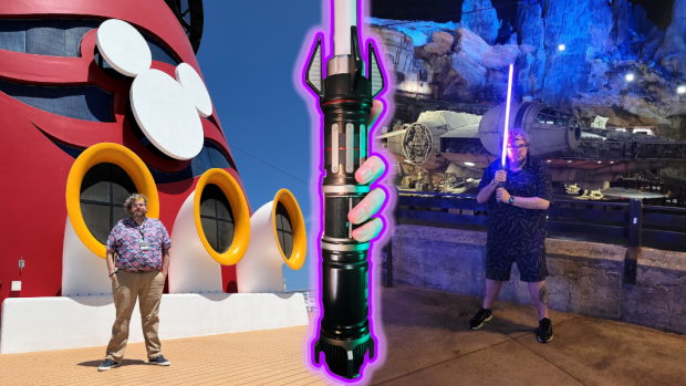 Saber Dreams Unlimited Travel Mike on the Deck of the Disney Wonder on the right Mike's custom lightstaber hilt in center. Mike with his Lightsaber in Galaxy's Edge on the right.